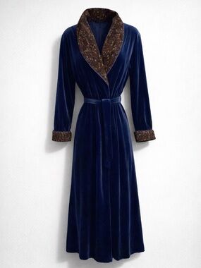 Vtg Kimberly Gale Navy Velvet Long Robe with Contrasting Paisley Trim, Sz Small